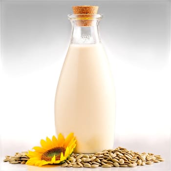 Sunflower seed milk in a glass bottle garnished with a sprinkle of sunflower seeds and. Milk product isolated on transparent background