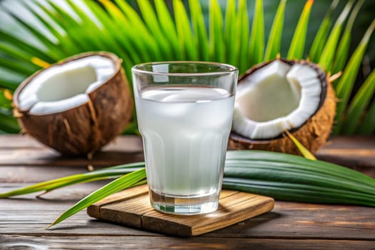 Coconut juice, drinking cold coconut water. Coconuts and palm leaves. Ai generated image