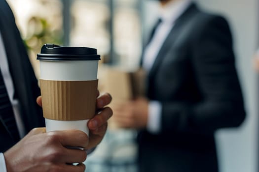 business man hold white paper coffee cup sleeves in office background. Generative ai..