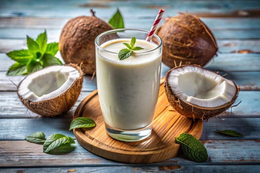 A glass of Coconut Smoothies with Coconut. Coconut smoothie with straw on blue wooden background. Ai generated image