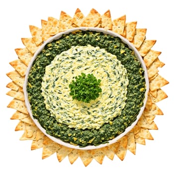 Spinach and artichoke dip mandala a cheesy mandala of spinach and artichoke dip with pita. Food isolated on transparent background.