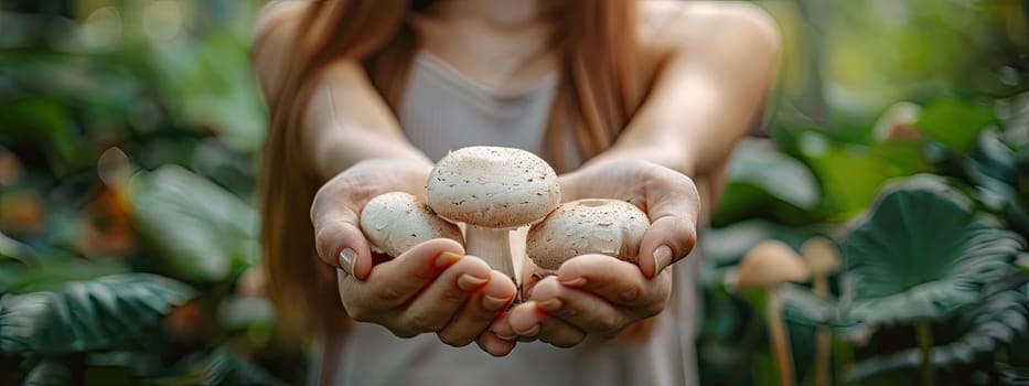 Champignon mushrooms in the hands of a woman in a greenhouse. Selective focus. nature.