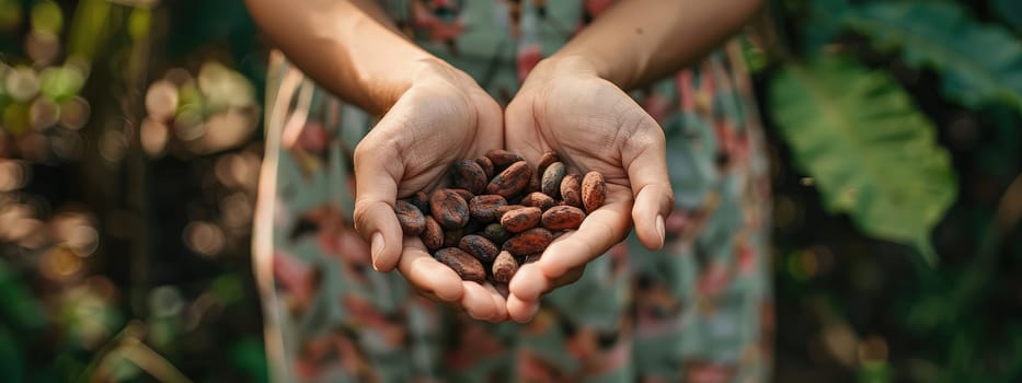 Cocoa beans harvest in the hands of a woman. Selective focus. nature.