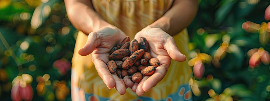 Cocoa beans harvest in the hands of a woman. Selective focus. nature.