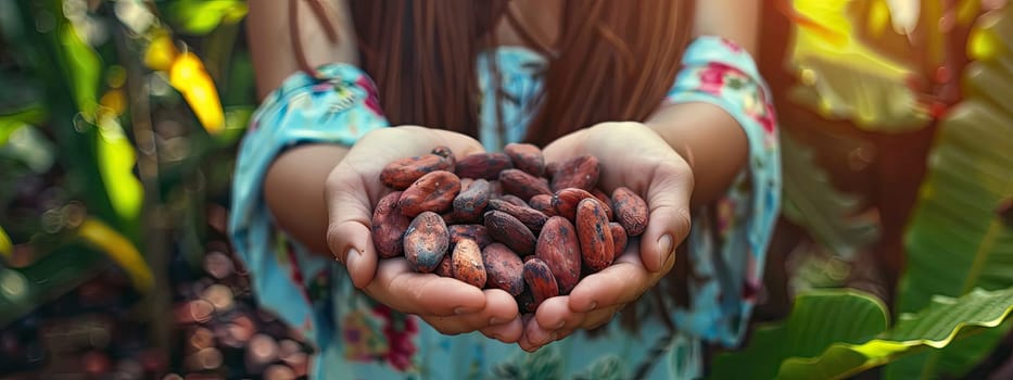 Cocoa beans harvest in the hands of a woman. Selective focus. nature.