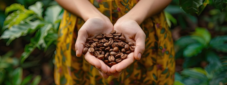 Coffee beans harvest in the hands of a woman. Selective focus. nature.