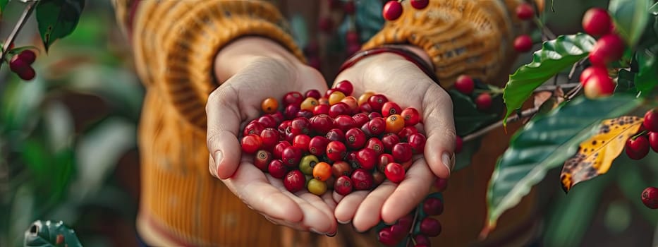 Coffee beans harvest in the hands of a woman. Selective focus. nature.