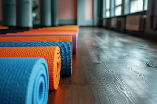 Close-up of rolled yoga or fitness mats on a wooden floor.