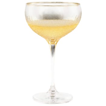 Vintage hollow stem coupe glass crystal saucer with air bubble in stem golden champagne bubbles. Close-up wine glass, isolated on transparent background