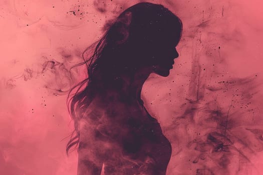 Double exposure photo of woman and pink smoke.