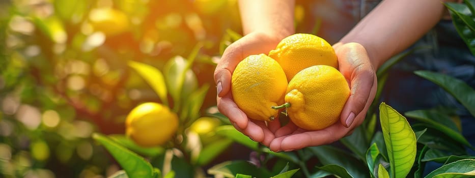 Lemons in the hands of a woman in the garden. Selective focus. nature.
