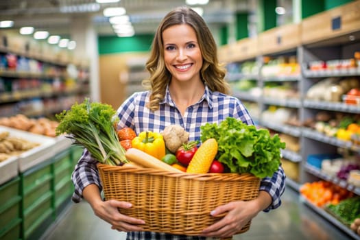 A young woman in the supermarket with a shopping basket full of vegetables. Ai generation image