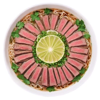 Beef pho mandala an aromatic mandala of Vietnamese beef pho with steam rising and lime. Food isolated on transparent background.
