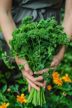 Harvest in the hands of a woman in the garden. Selective focus. nature.