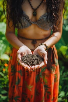 Harvest in the hands of a woman in the garden. Selective focus. nature.