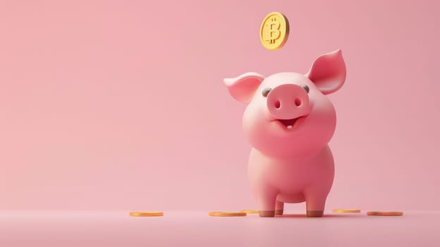 A pig with gold coin dropping, Gold coins drop down to a pink piggy, 3D illustration minimalistic style.