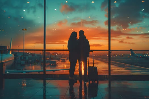 Silhouette of a couple in love near a large window at an airport in a cinematic style.