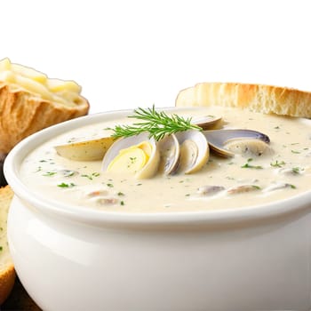 Clam chowder a creamy New England style soup with tender clams potatoes and herbs served. Food isolated on transparent background