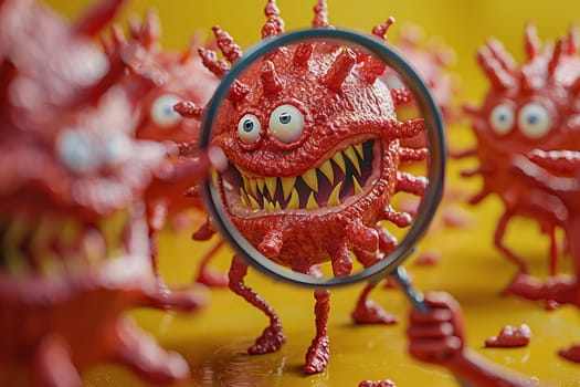 Evil microbe, bacterium under a magnifying glass. Cartoon character of bacteria. Microbiology concept.