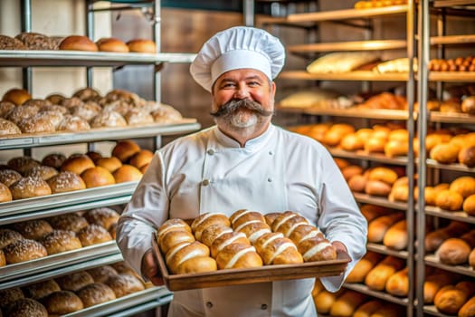 Kind baker with a mustache holding a basket full of a variety of baked bread. Ai generated image