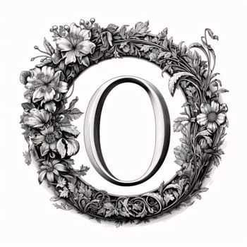 Graphic alphabet letters: Vintage letter O in the frame of flowers. Hand-drawn illustration.