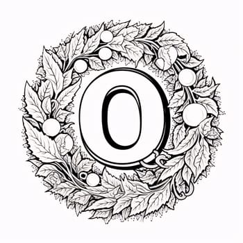 Graphic alphabet letters: Alphabet letter O in floral wreath. Black and white vector illustration.