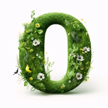 Graphic alphabet letters: letter O made of grass with flowers and birds isolated on white background