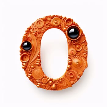 Graphic alphabet letters: Letter O made of carved wood with pearls. Vector illustration.