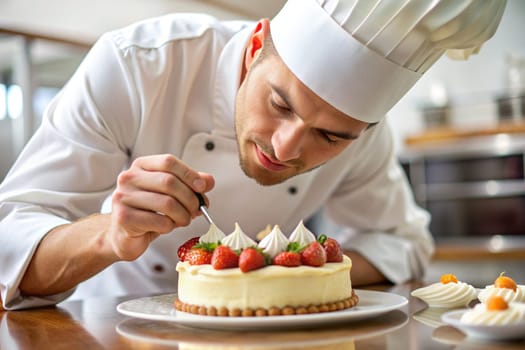 Man chef decorating a strawberry cake in the kitchen. Male chef making a cake with cream. Ai generated image