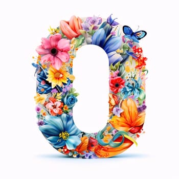 Graphic alphabet letters: letter O, made of flowers and butterflies, isolated on white background