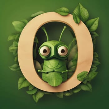 Graphic alphabet letters: Cute green monster with leaves around letter O. Vector illustration.