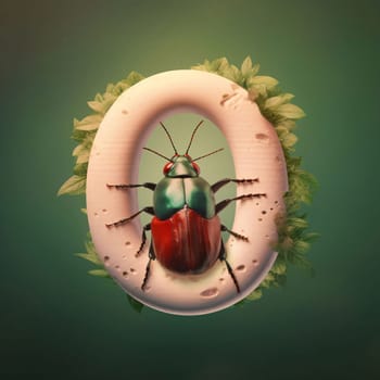 Graphic alphabet letters: stag beetle on the ring with green leaves. 3d illustration