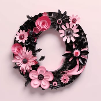 Graphic alphabet letters: Letter O made of flowers and leaves on pink background. 3d rendering