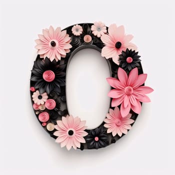 Graphic alphabet letters: Alphabet letter O decorated with pink and black flowers on white background