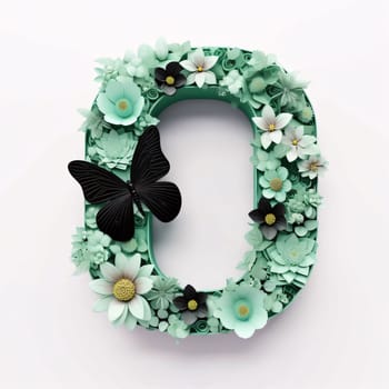 Graphic alphabet letters: Alphabet letter O made of flowers and butterflies. 3d rendering