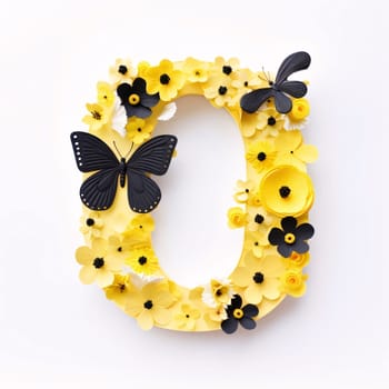 Graphic alphabet letters: Butterfly made of yellow flowers and black butterfly on white background