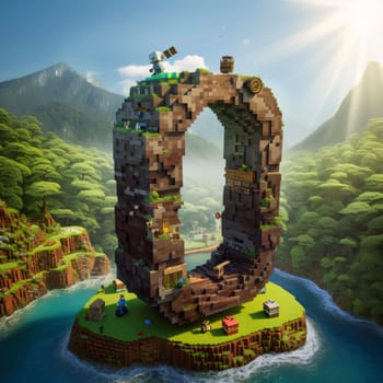 Graphic alphabet letters: Fantasy landscape with green island and mountains in the form of letter O