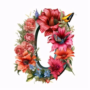 Graphic alphabet letters: letter O made of flowers, leaves and butterflies isolated on white background