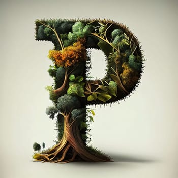 Graphic alphabet letters: Ecology alphabet, letter P shaped like a tree with green leaves