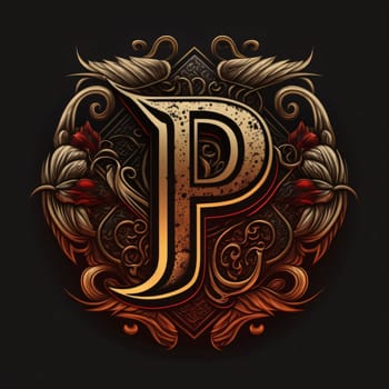 Graphic alphabet letters: Letter P with floral ornament in vintage style. Vector template for your design