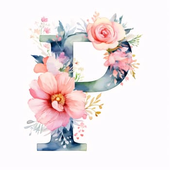 Graphic alphabet letters: Watercolor letter P with flowers, leaves and branches. Illustration