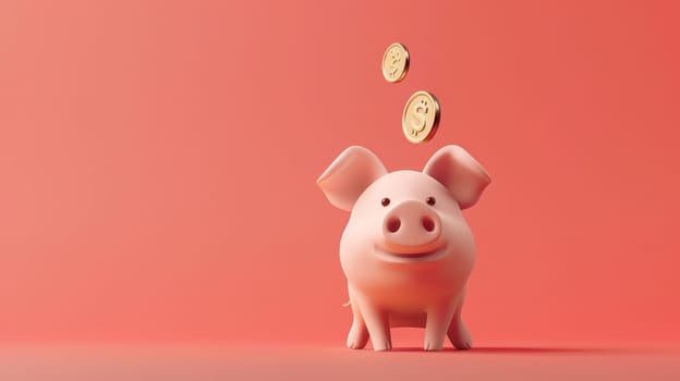 A pig with gold coin dropping, Gold coins drop down to a pink piggy, 3D illustration minimalistic style.