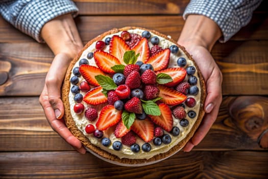 Woman holding plate with delicious berry pie on wooden background, top view. Ai generated image