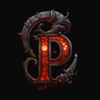 Graphic alphabet letters: red metal letter with dragon symbol on black background. 3d rendering