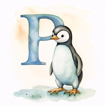 Graphic alphabet letters: Cute penguin with letter of the English alphabet. Watercolor illustration