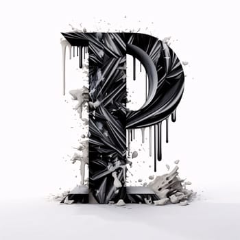 Graphic alphabet letters: Broken black letter P uppercase. 3D rendering isolated on white background