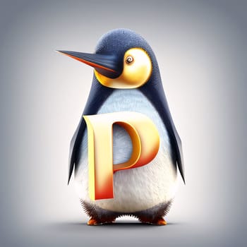 Graphic alphabet letters: Penguin with letter P. 3D render illustration isolated on gray background