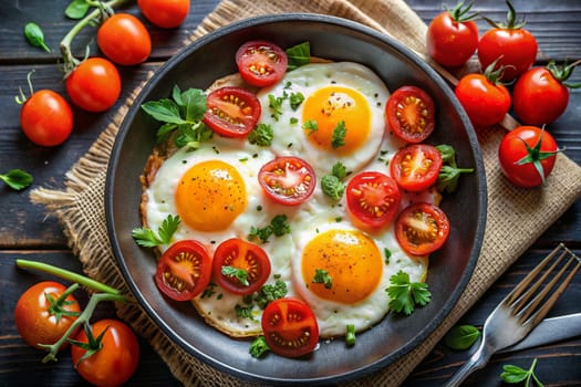 Fried eggs in a frying pan with cherry tomatoes for breakfast on a black background. Ai generated image