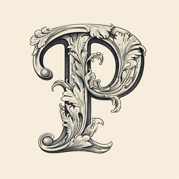 Graphic alphabet letters: Vintage capital letter P with baroque ornament. Hand-drawn illustration.
