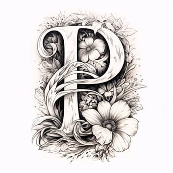 Graphic alphabet letters: Tattoo art, sketch of alphabet with flowers and leaves.